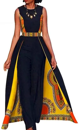 Afrikan Design Summer Elegant Women's Sleeveless Rompers Jumpsuit Long Dashiki Pants