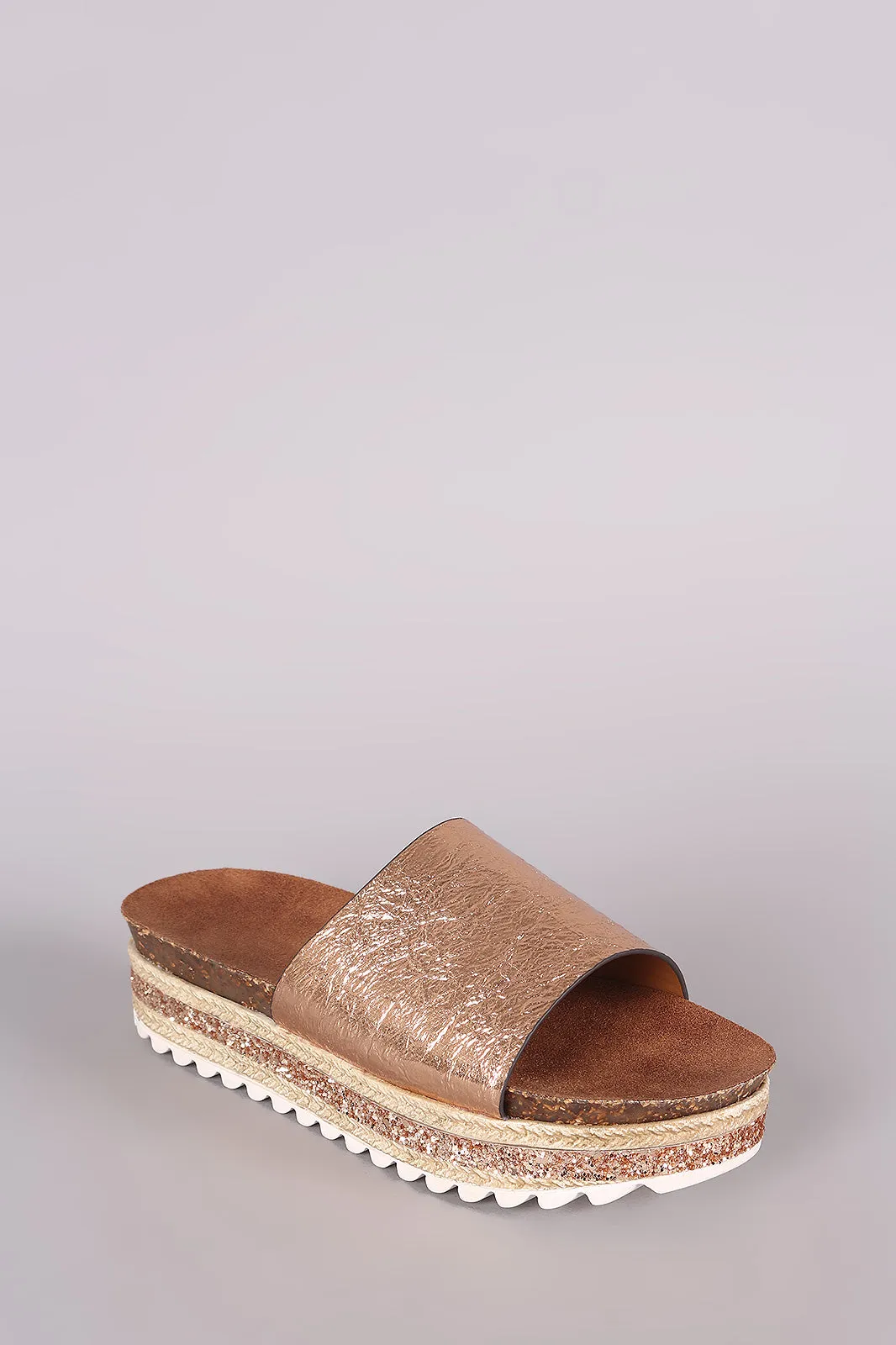 Bamboo Metallic Glitter Espadrille Trim Flatform Slide Sandal