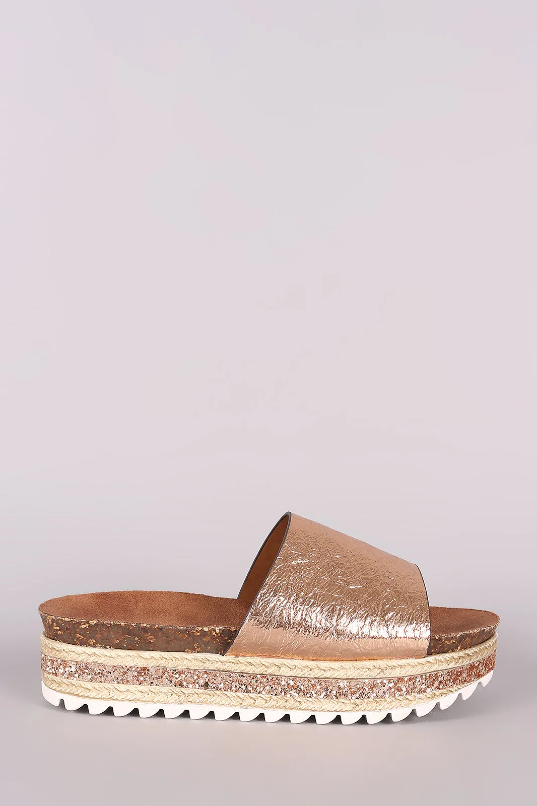 Bamboo Metallic Glitter Espadrille Trim Flatform Slide Sandal