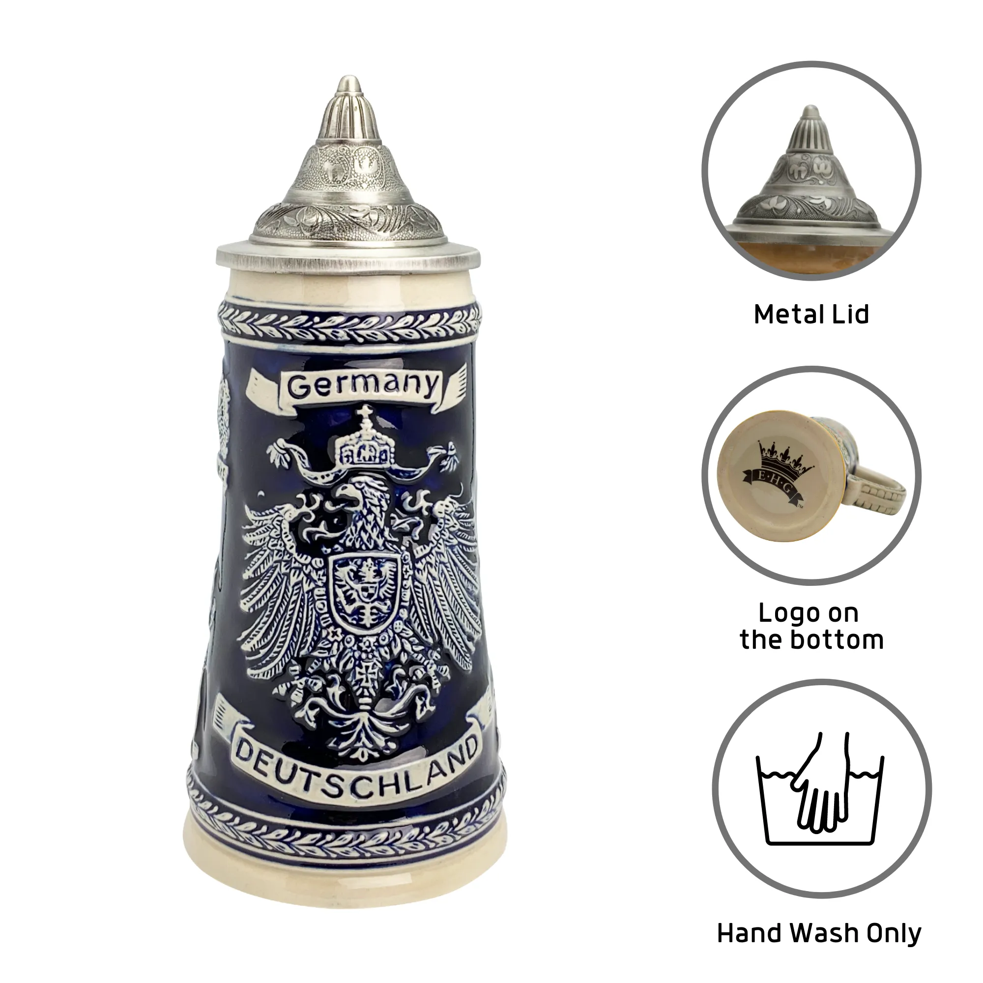 Deutschland Germany Eagle Cobalt Blue Ceramic Beer Stein with Ornate Metal Lid