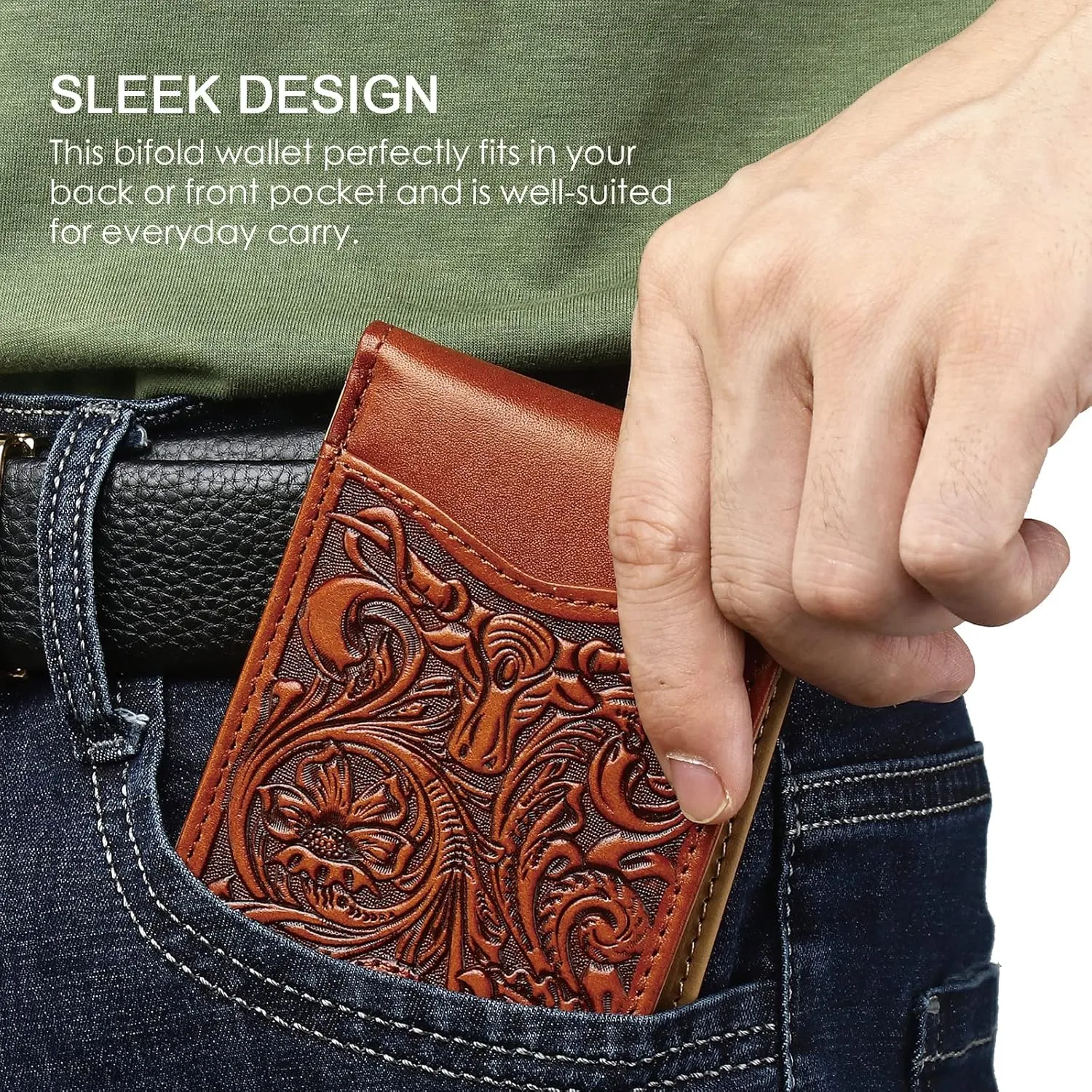 Full Grain Leather Bifold Wallet for Men - 11 Slots, RFID Blocking, Western Cowboy Gifts for Men - Brown