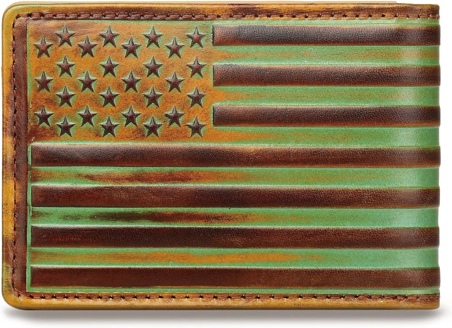 Full Grain Leather Bifold Wallet for Men - 12 Slots, RFID Blocking - USA Flag, Brown