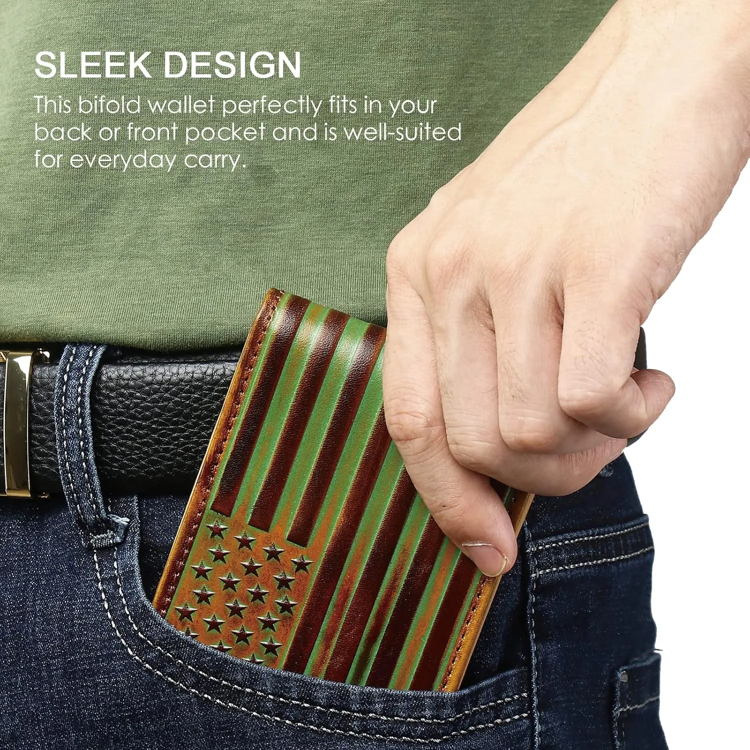 Full Grain Leather Bifold Wallet for Men - 12 Slots, RFID Blocking - USA Flag, Brown