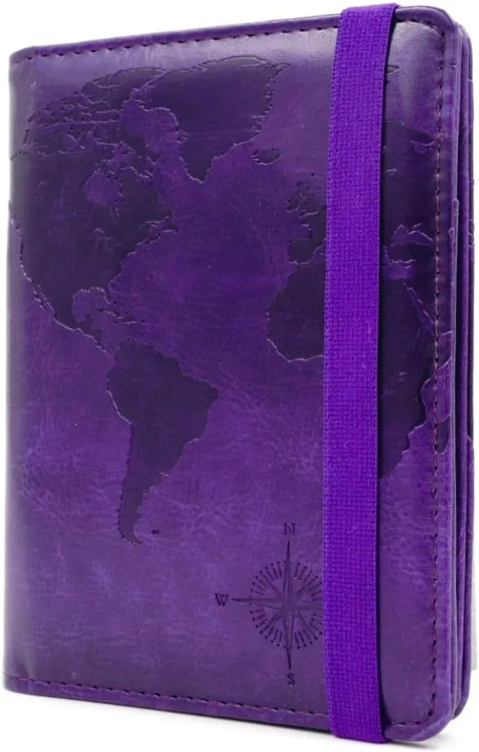 kandouren RFID Blocking Passport Holder Cover Case,Travel Luggage Passport Wallet Made with Purple Map Crazy Horse PU Leather for Men & Women
