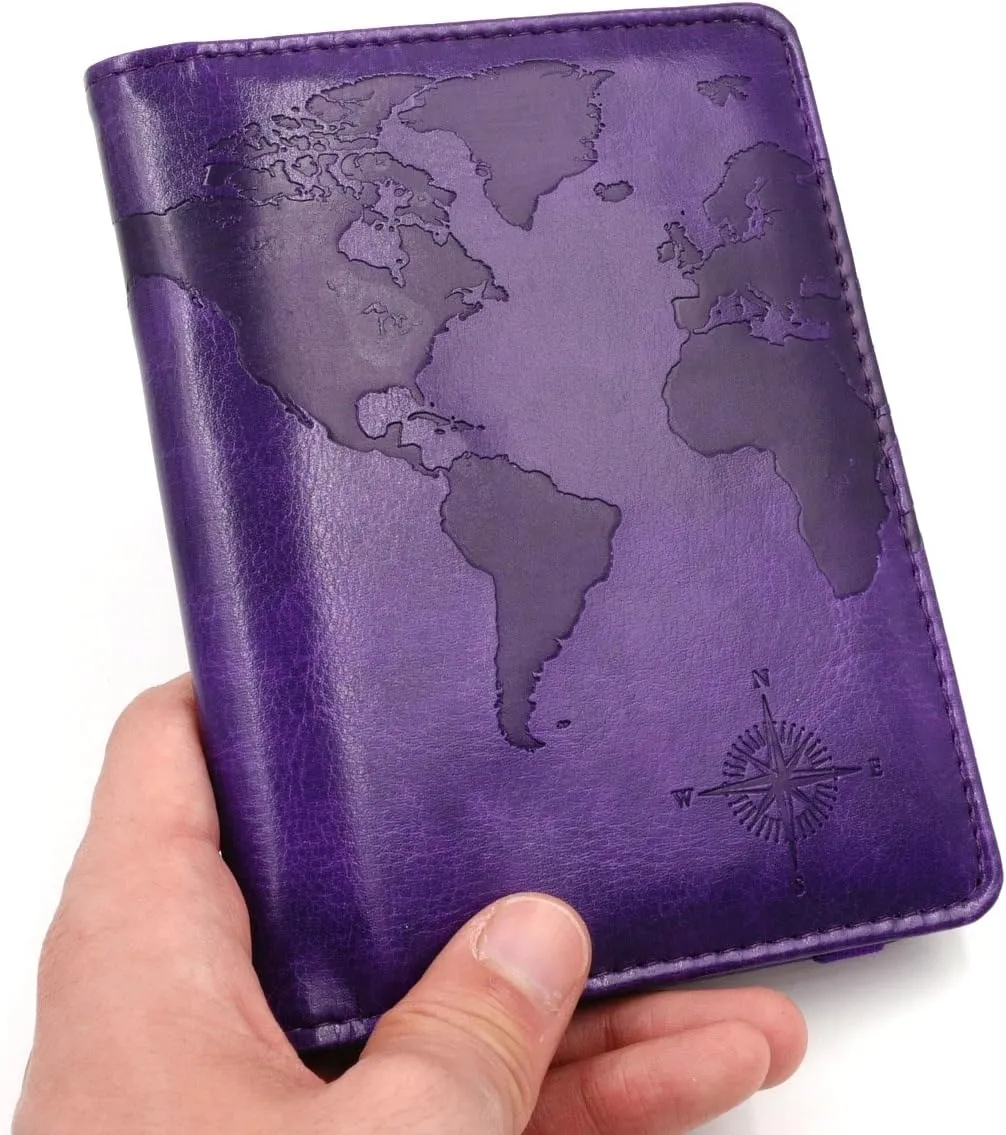 kandouren RFID Blocking Passport Holder Cover Case,Travel Luggage Passport Wallet Made with Purple Map Crazy Horse PU Leather for Men & Women