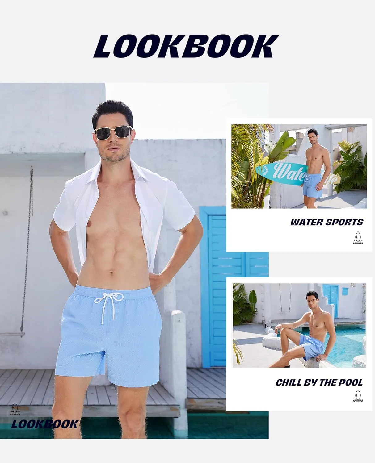 Men's Swim Shorts 5 inch Seersucker Swimming Trunks for Men Beach Shorts